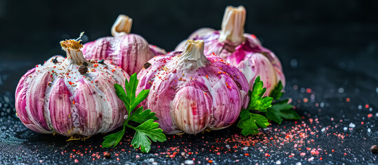 Garlic (Allium sativum) is a bulbous plant in the onion genus, known for its pungent aroma and culinary uses. Medicinally, it is valued for its antibacterial, antiviral, and antifungal properties - obrazy, fototapety, plakaty