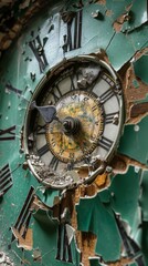 Obraz premium Close-Up of a Shattered Clock Dial Showing Detailed Cracks, Illustrating Fragility and Time's Impact.