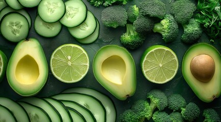 Green chopped vegetables on green background: avocado, cucumber, lime, herbs