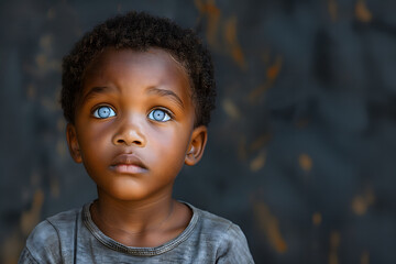 Innocent black boy with striking blue eyes and curly hair - obrazy, fototapety, plakaty