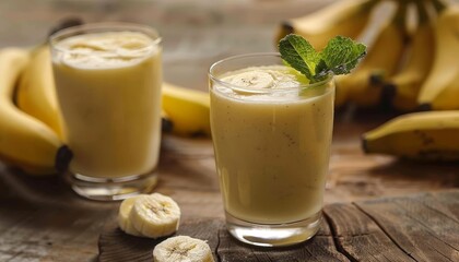 Smoothies made from bananas placed on a wooden table