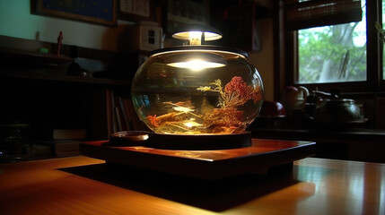 Round glass bowl aquarium with the light in a Traditional Japanese Room Ambiance.