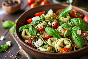 Spinach ricotta tortellini salad with mozzarella tomatoes and basil - Powered by Adobe