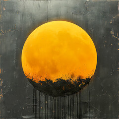 A painting of a large yellow moon with a small orange planet in the background. The painting has a...