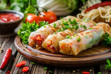 Spring rolls with sauce veggies and noodles on wooden surface