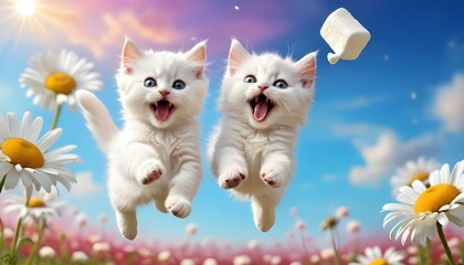 "A dynamic shot capturing the playful leap of one marshmallow kitten towards the other, their fluffy bodies suspended in mid-air against the backdrop of a vibrant daisy field."