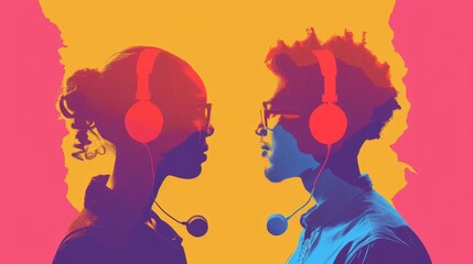Two People With Headphones Standing Together