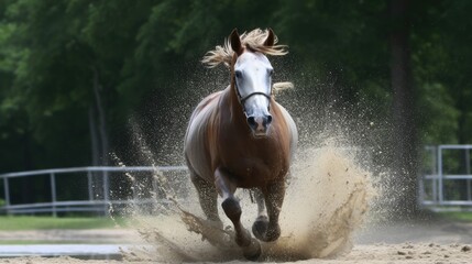 Majestic Palomino Horse Galloping in Sandy Arena Surrounded by Lush Trees - obrazy, fototapety, plakaty