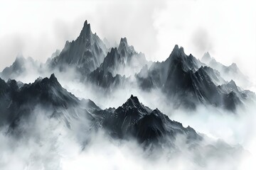 Misty Peaks in Monochrome Harmony. Concept Landscape Photography, Monochrome, Misty Peaks, Nature Scene, Black and White - obrazy, fototapety, plakaty