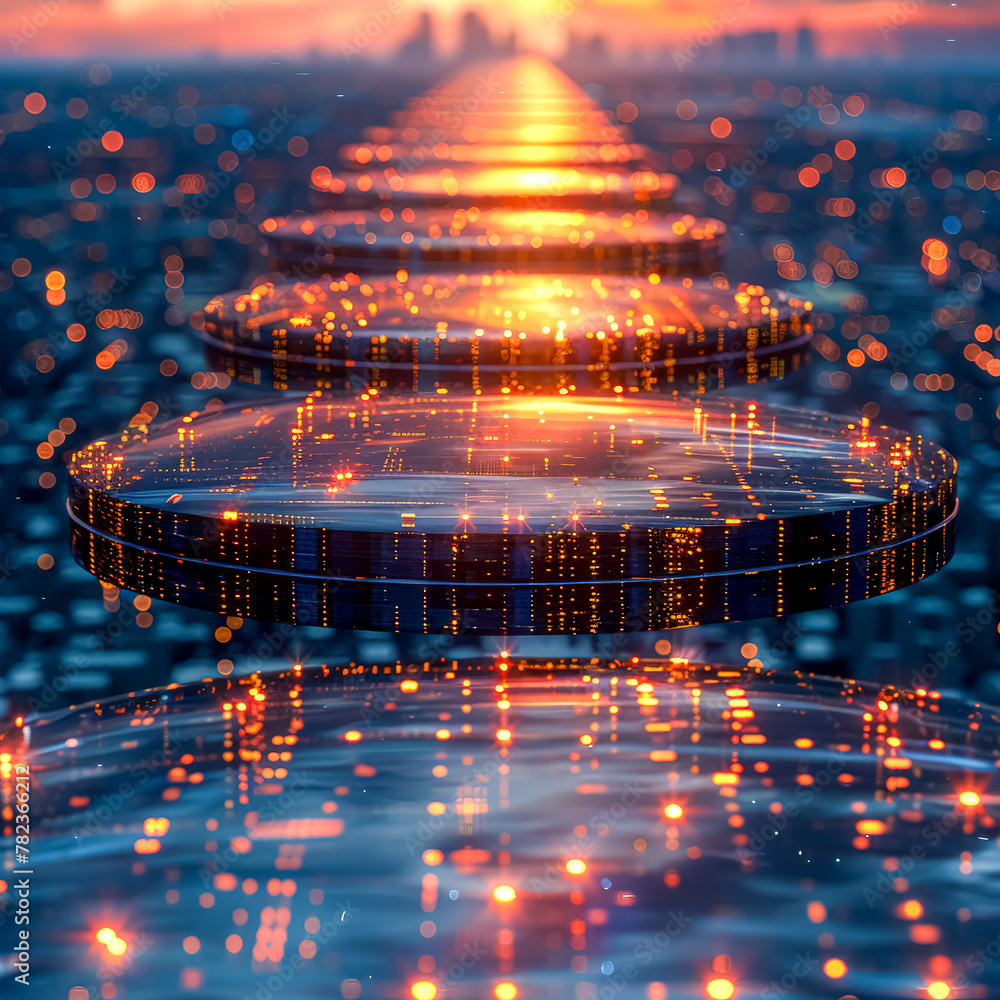 Poster a series of glowing, reflective, and colorful spheres are arranged in a line, creating a sense of de