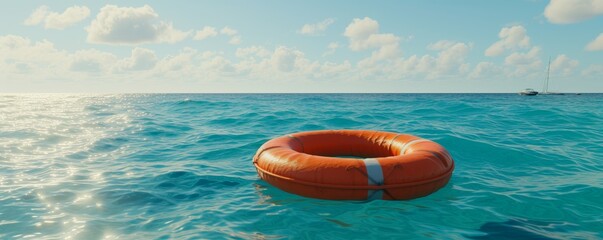 Fototapeta na wymiar Orange Lifebuoy Floating on Calm Blue Ocean Waters, Undertones of Safety and Rescue at Sea.