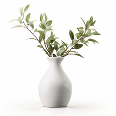 White vase with fresh green eucalyptus branches isolated on a white background