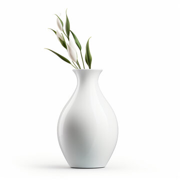 White vase with small white flowers on a white background with copy space