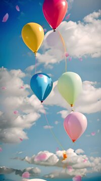 colorful party balloons flying in blue sky with clouds, happy mood vertical video