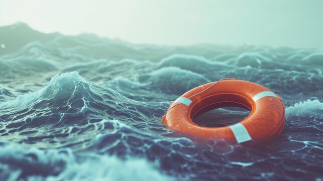 Orange Lifebuoy Floating on Calm Blue Ocean Waves, Signifying Safety and Rescue Concept.