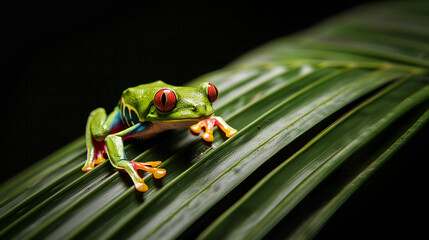 Red Eyed Amazon Tree Frog on a palm tree leaf