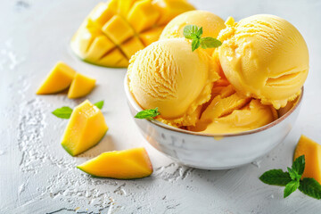 Mango Sorbet with Fresh Mango and Mint. A refreshing bowl of mango sorbet garnished with fresh mango cubes and a sprig of mint.	