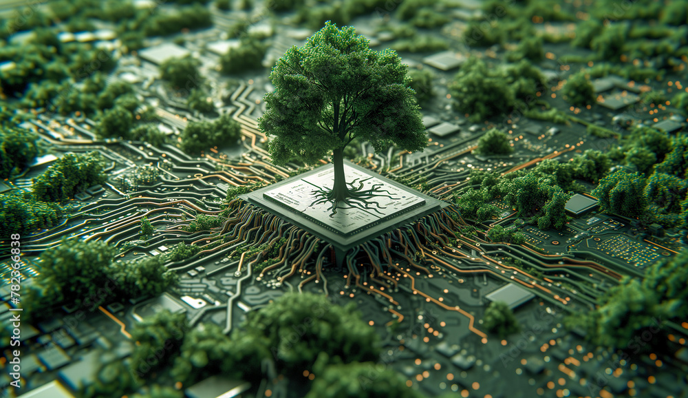 Poster a majestic tree with a complex root system grows out of a computer chip on a circuit board