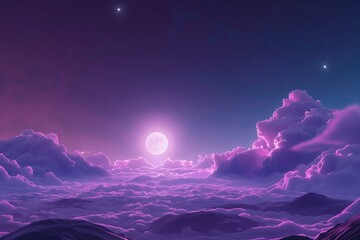 Surreal Landscape with Full Moon and Starry Sky - Mystical Night Illustration