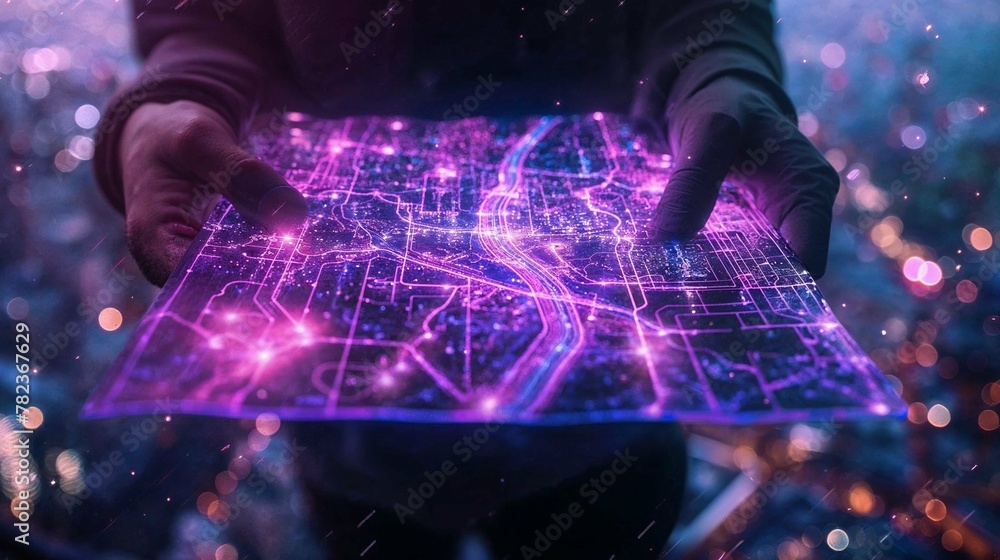 Poster a person holds a luminous map that showcases a futuristic city layout with glowing lines and pattern