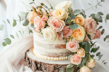 Obraz na płótnie Canvas Light background showcases delicate beige wedding cake adorned with pink and yellow roses and eucalyptus