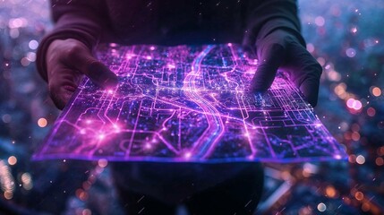 A person holds a luminous map that showcases a futuristic city layout with glowing lines and patterns