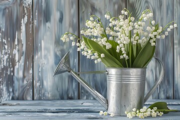 Lily of the Valley in watering can on wooden background outside