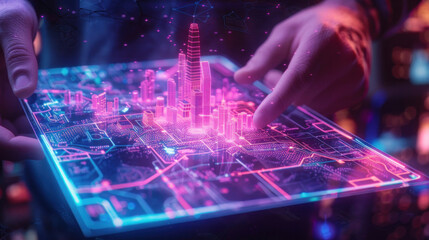 Holographic 3D projection of a futuristic cityscape rising from a digital tablet held in hands