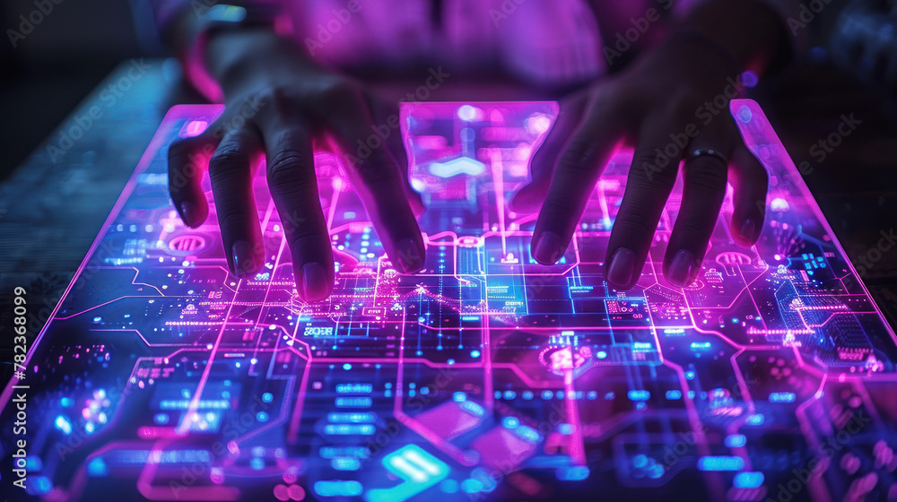 Poster close-up of person's hands manipulating a complex neon lit interface resembling a futuristic compute