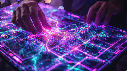 Close-up of hands interacting with a bright neon-colored futuristic interface with a digital pattern Concept of advanced technology