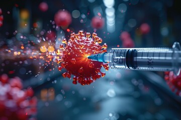 A syringe injecting liquid into a cell during a macro photography event - obrazy, fototapety, plakaty