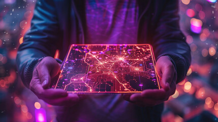 A person showcases a bright neon grid schematic representing a high-tech cityscape and smart city concept