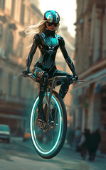 Futuristic superheroine on invisible bike: A blend of fantasy and technology in urban setting