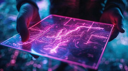 Two hands gently hold a high-tech glowing map, offering a detailed view of a luminous, intricate city network, exuding cyber vibes