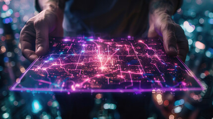 An individual presents a luminescent map that resembles a high-tech city, signifying urban planning and network connectivity
