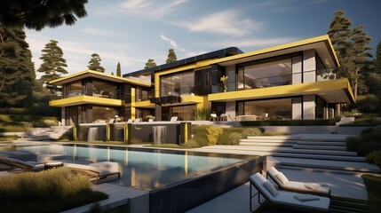 A luxury mansion with yellow accents, its contemporary design and expansive windows offering panoramic views of the surrounding landscape, defining modern elegance and sophistication - obrazy, fototapety, plakaty