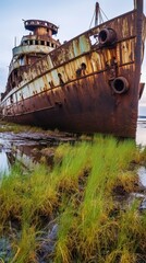 Fototapeta na wymiar Derelict Shipwreck: Exploring the Beauty of Decay Generative AI