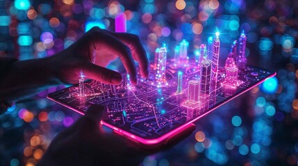 Fingers interact with a 3D holographic city map on a tablet, showcasing a vibrant, futuristic urban landscape with illuminated skyscrapers