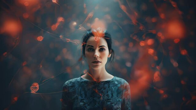 Video Slow motion of Portrait of a woman surrounded by a complex web of neuronal network connections, symbolizing thought