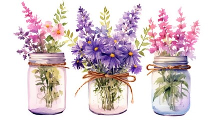 Vibrant Purple Wildflowers Overflowing Mason Jars Generative AI - obrazy, fototapety, plakaty