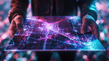 Hands present a shining, translucent tablet with a complex city map overlay