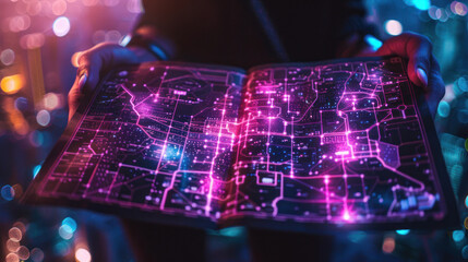 A person holds an open book featuring a glowing, intricate city map, showcasing a fusion of technology and urban planning
