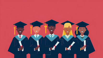 A flat illustration of five different multi-ethnic graduates in black caps and gowns with diplomas on a bright solid red background. From copy space