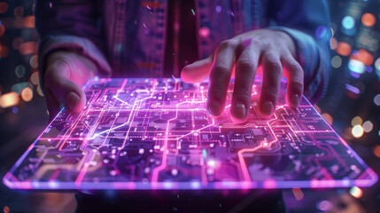 Hands engaging with a 3D holographic virtual technology cityscape, showcasing the merge of physical and digital worlds