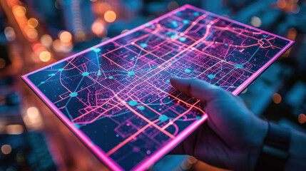 Close-up of hands delicately holding a vibrant, illuminated holographic city grid symbolizing urban technology and design