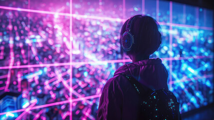 Back view of a person encapsulated in a visually striking scene with futuristic laser beams and an urban backdrop
