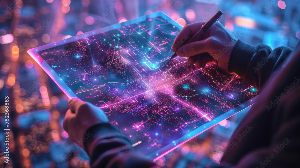 Poster a person is seen using a stylus pen on a glowing digital tablet with intricate circuit patterns