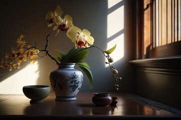 Subtle light enhances the elegance of orchids in a ceramic vase, creating a contemplative mood