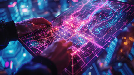 A dynamic image capturing intricate details of a futuristic neon map, symbolizing complex urban layouts and planning