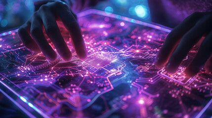 Close-up of a hand interacting with a bright digital map of city streets illuminated with neon circuitry lines and data points